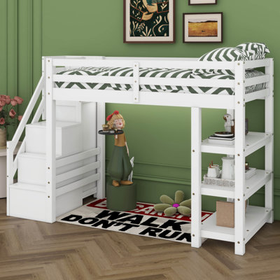Lit mezzanine avec escalier de rangement et tablettes, structure de lit mezzanine en bois massif avec petite armoire et lumière DEL