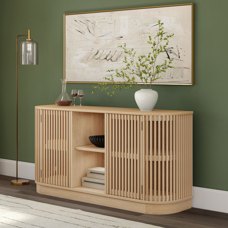 Contour 59" Curved Sideboard/TV Stand with Slat Doors and Open Shelf, Blonde