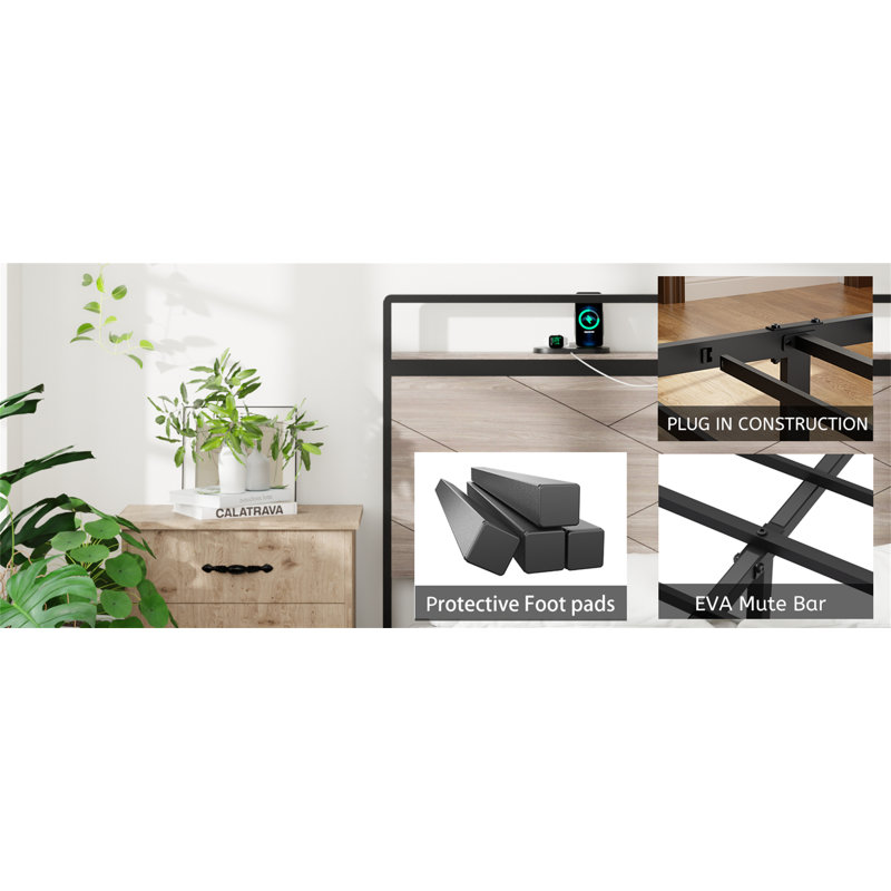 Bed Frame, Wooden Platform Bed Frame With Storage LED Light Headboard And 2 USB, No Noise, Large Underbed Storage, No Box Spring Needed, Easy Assembly