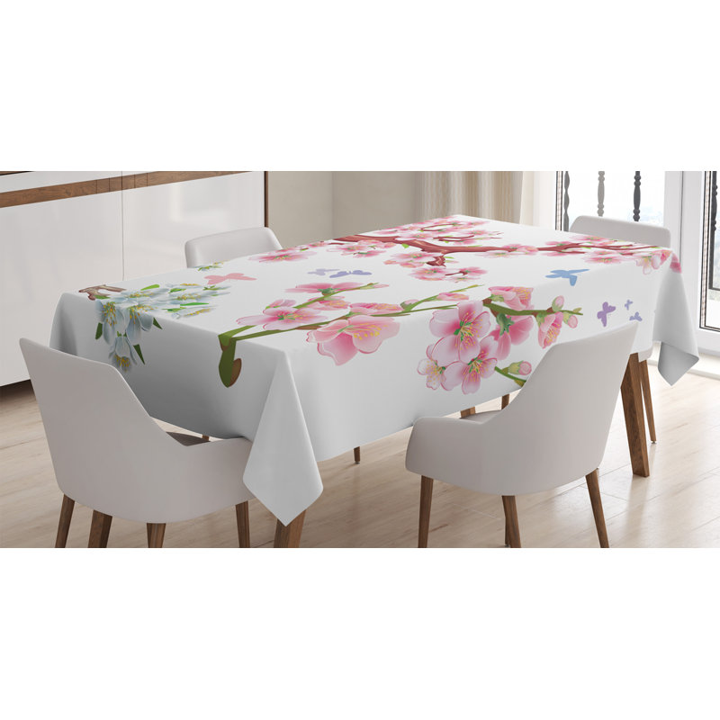 Floral Tablecloth, Composition Flowering Branches Colorful Spring Garden Theme Seasonal Art Print, Rectangular Table Cover For Dining Room Kitchen Decor, 52" X 70", Pink Brown Green