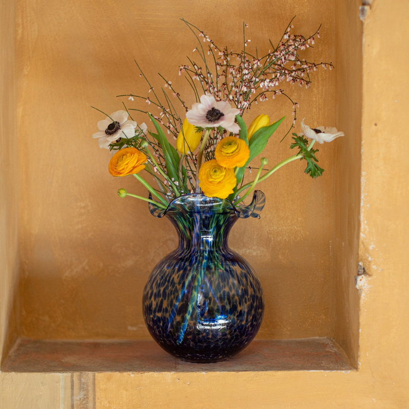 Hibiscus Handmade Glass Table Vase, 7" H x 6.25" W x 6.25" D, Cobalt