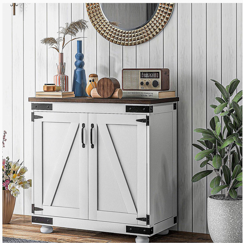 HOMCOM Modern Farmhouse Sideboard, Buffet Cabinet with Barn Style Door and Adjustable Shelf, Kitchen Storage Cabinet with Wood Legs, Distressed White and Brown
