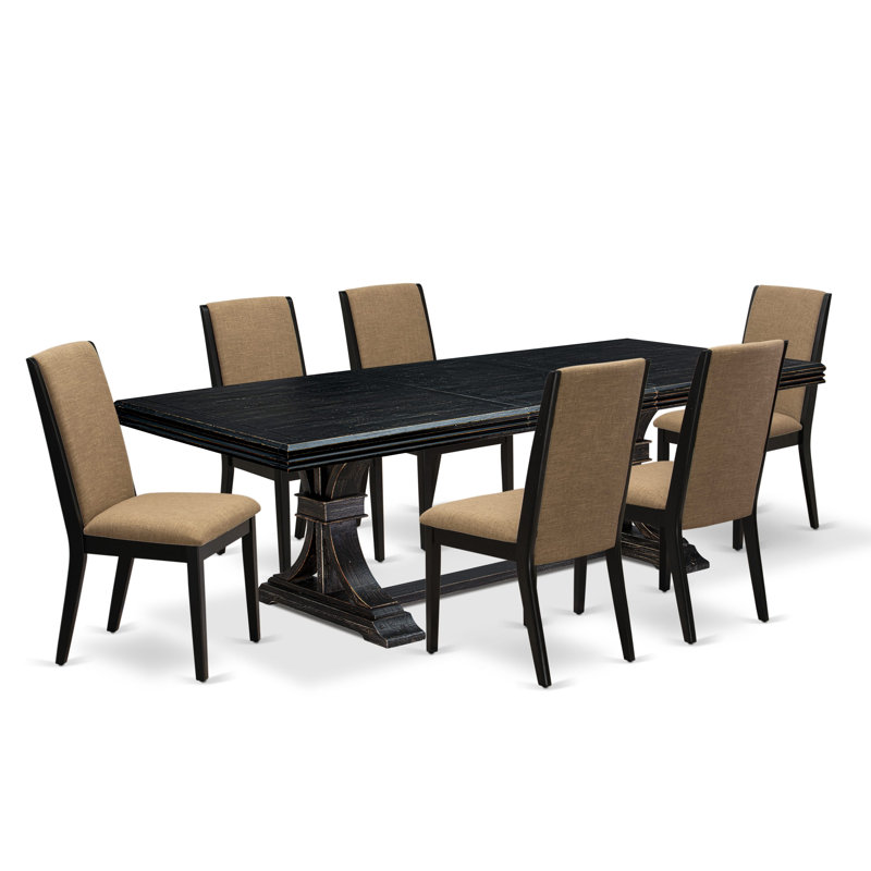 Ensemble de table de salle à manger moderne 7 pièces comprenant une table de cuisine rectangulaire et 6 chaises de salle à manger en tissu de lin sable clair avec pieds noirs - Finition sable