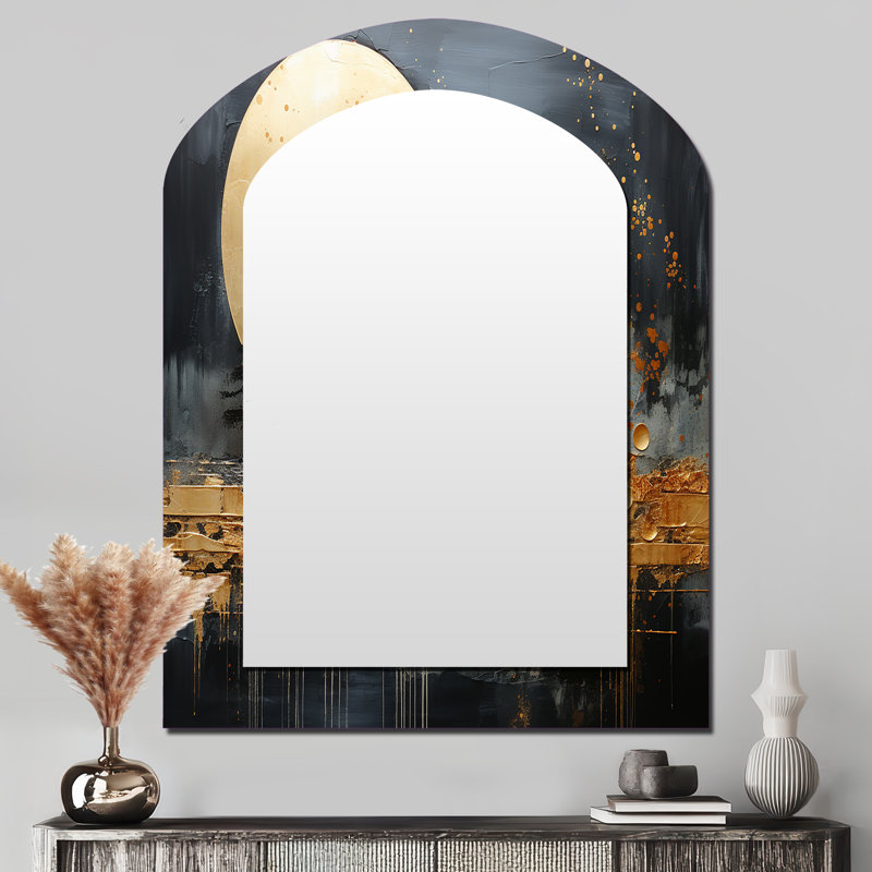 Gold Grey Golden Gleam I - Abstract Collages Arch Decorative Mirror, Modern Asymmetrical Wall Mirror, Printed Metal Art