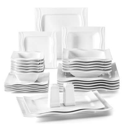 28-Piece Square Modern Ivory White Porcelain Dinnerware Set for 6