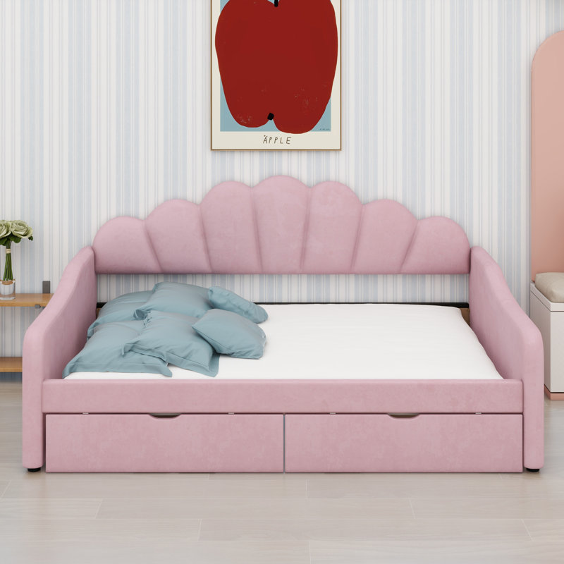 Structure de lit de jour moderne à dossier en coquille avec revêtement doux et lisse, Rose