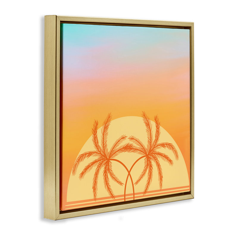 "Retro Sunset Palm Trees", encadrée par Ashley Singleton, Cadre flottant métallique doré, H 25 po x l 25 po
