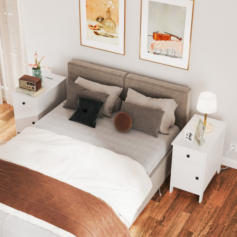 Table de bout à plateau rabattable avec prises USB et tiroir, Blanc