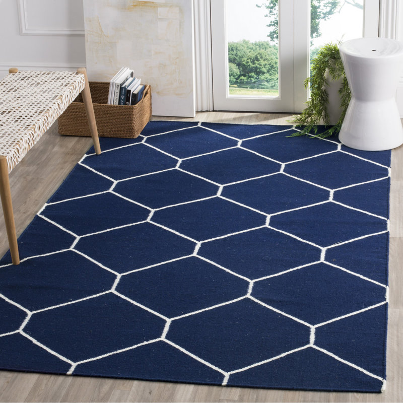 Rodgers Hand Woven Flat Weave Wool/Cotton Geometric Rug in White/Blue, Rectangle 3' x 5'