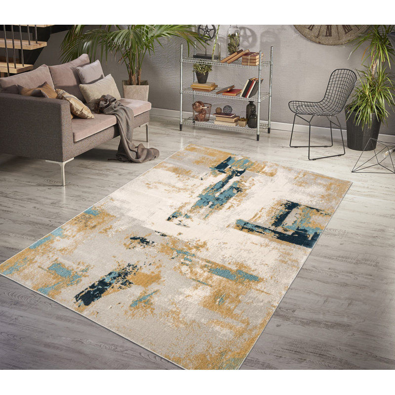Tapis abstrait gris / ivoire / brun Roxas, Rectangle 7 pi 10 po x 10 pi 6 po