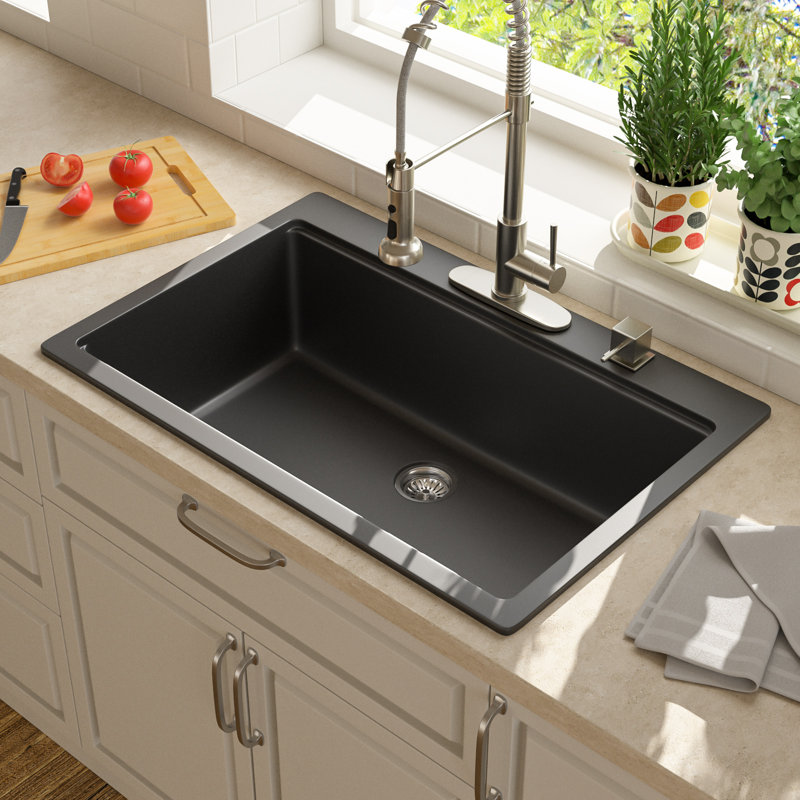 33" L x 22" W Drop In Granite Composite Kitchen Sink Workstation Topmount Sink Quartz Above Counter Single Bowl Sink Basin
