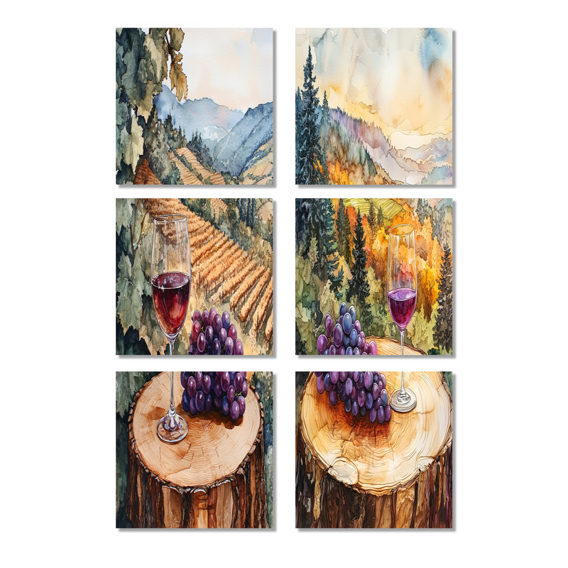 Vignoble avec verre de vin et raisin en Provence - Ensemble de 6 décorations murales Paysages, Toile tendue