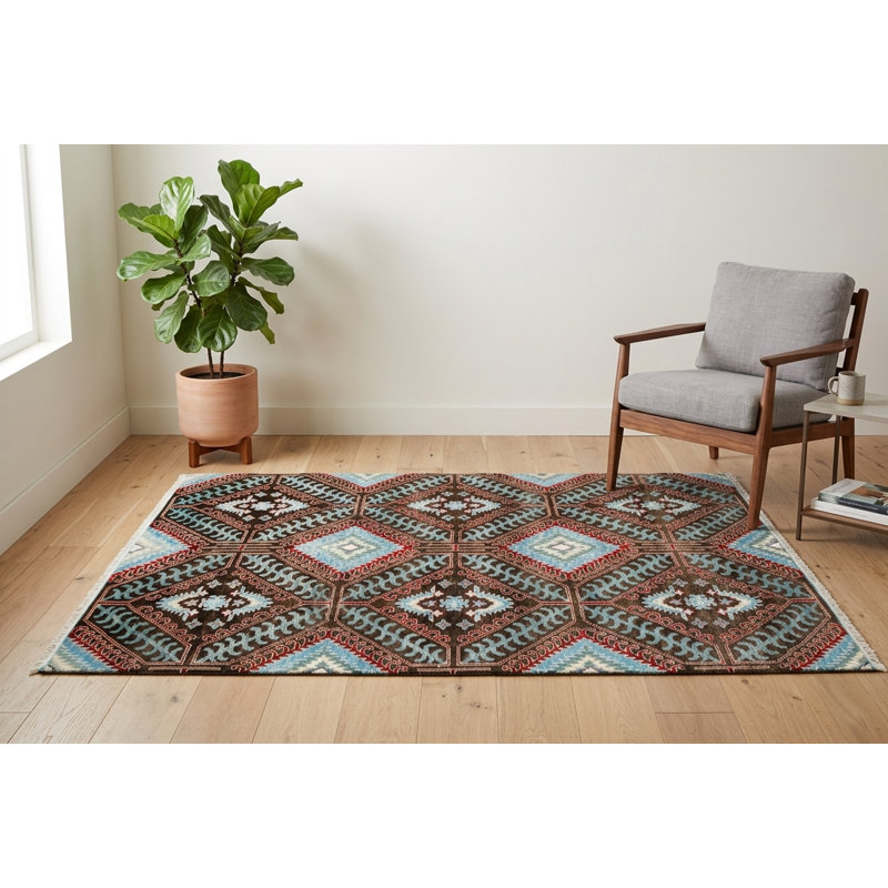 Hand-Knotted Midnight Blue & Brown Wool Area Rug 6' x 9' ft– Bold Southwestern Diamond Geometric Design