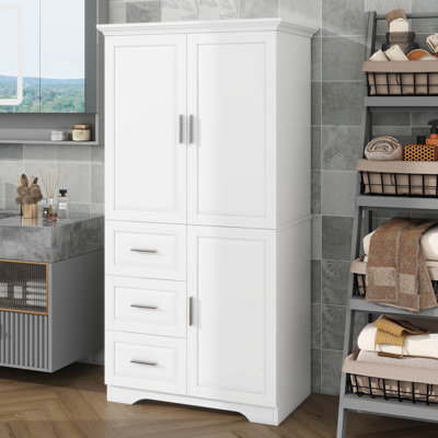 Tall Storage Cabinet, Bathroom Floor Freestanding Storage Cabinet With Doors, Three Drawer, And Adjustable Shelf, Anti-Tipping Device