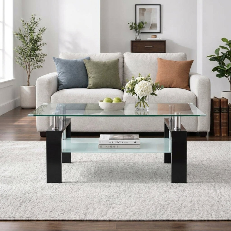 Table basse moderne en verre de 94,4 cm (37,2 po), plateau en verre trempé épais, rangement à 2 niveaux et structure en métal