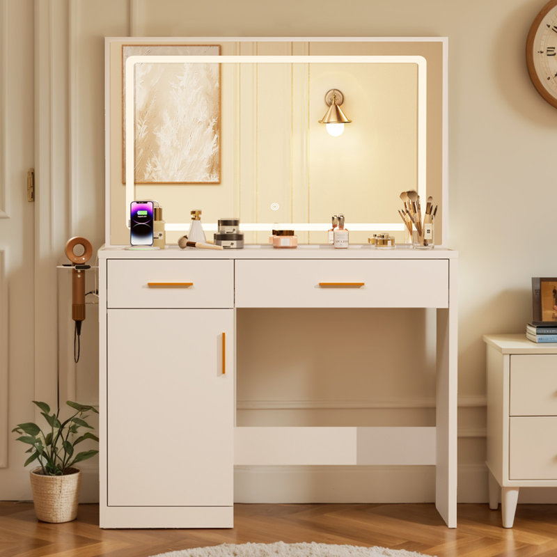 35,4 po Coiffeuse de maquillage avec miroir et lumières, station de charge, 2 tiroirs, grande armoire, éclairage réglable 3 couleurs