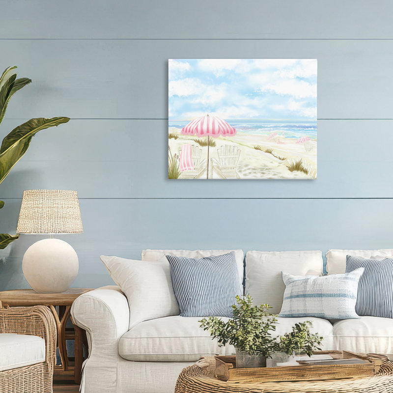 Paysage marin avec toile de parasol rose, design par Lori Mosley, H 24 po x l 30 po
