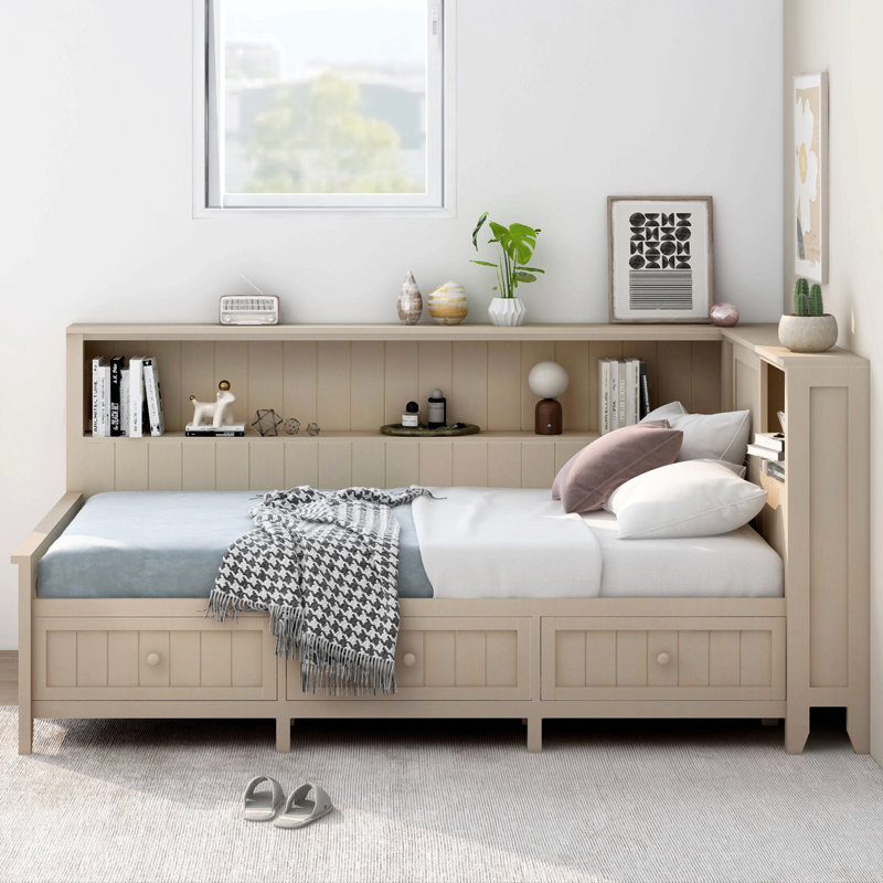 Lit de jour en bois avec tablettes de rangement et 3 tiroirs, lait blanc antique, Lit simple