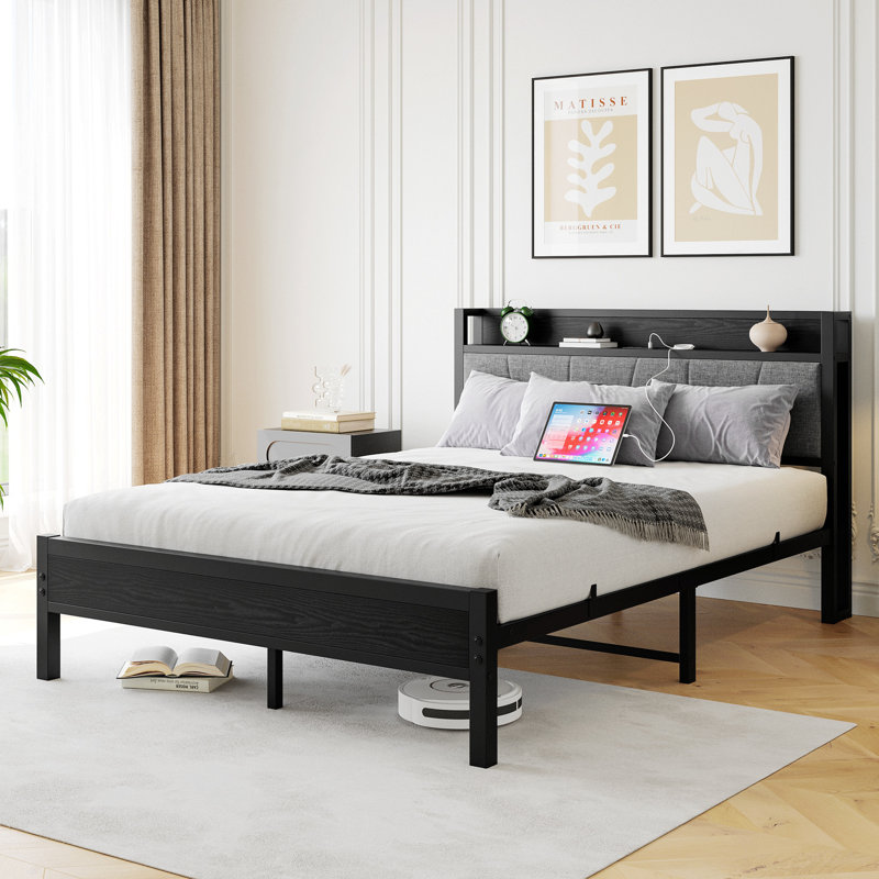 Bed Frame, Storage Headboard With Charging Station, Solid And Stable, Noise Free, No Box Spring Needed, Easy Assembly, Queen