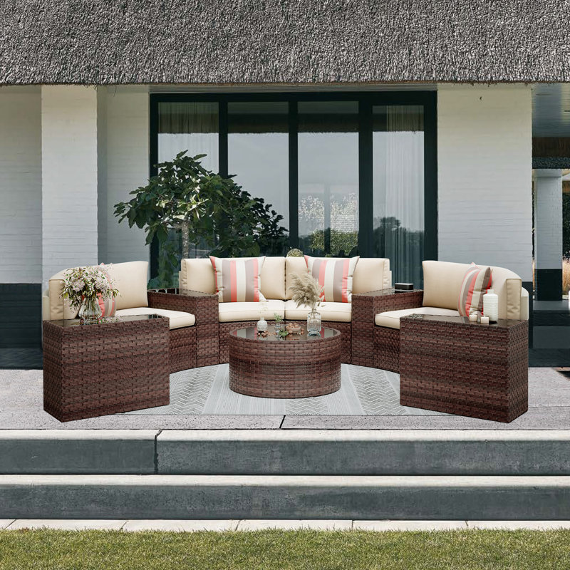 Wicker Patio Conversation Set with Cushions, Brown Frame/Beige Cushion