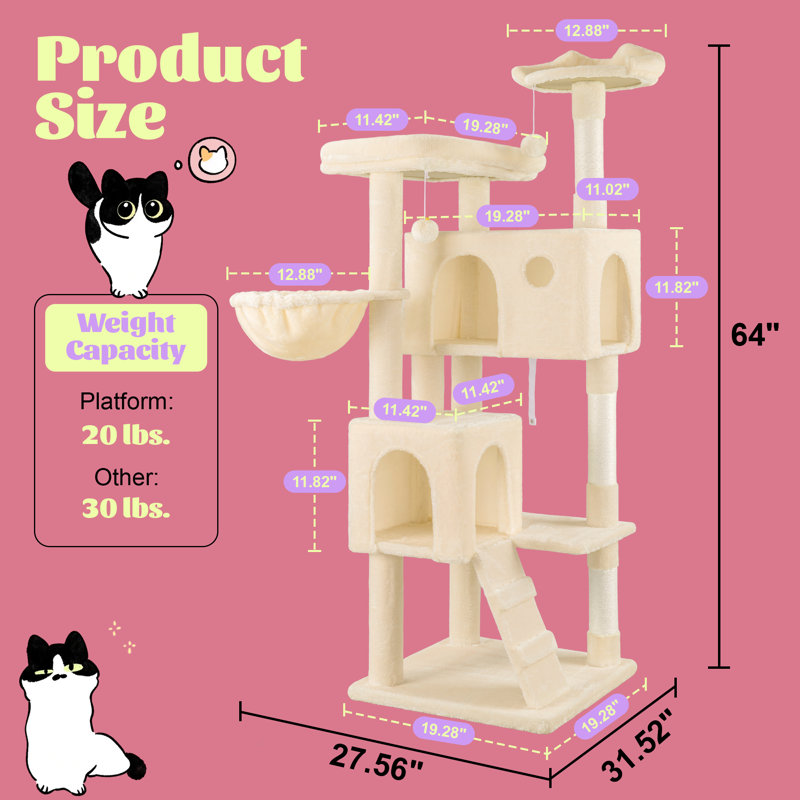 Arbre à chat 64 pouces avec plusieurs condos et poteaux à griffer, Beige