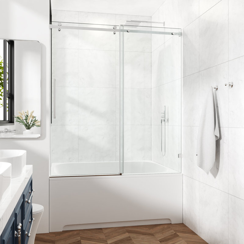 68-73" W X 66" H Frameless Single Sliding Shower Tub Door with 3/8" (10mm) Clear Tempered Glass, Shatter-Resistant Film & Installation Hole Locator - Square Top Rail