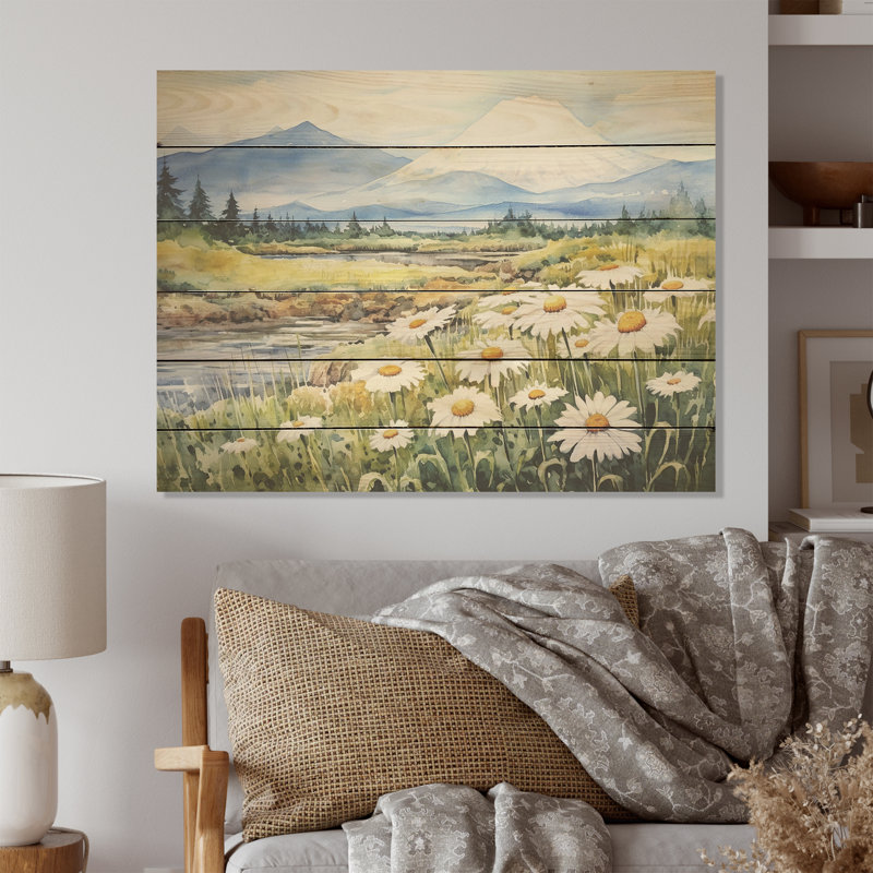 Marguerite blanche en fleur dans un paysage de montagne - marguerites, art mural sur bois de pin naturel, H 10 po x l 20 po