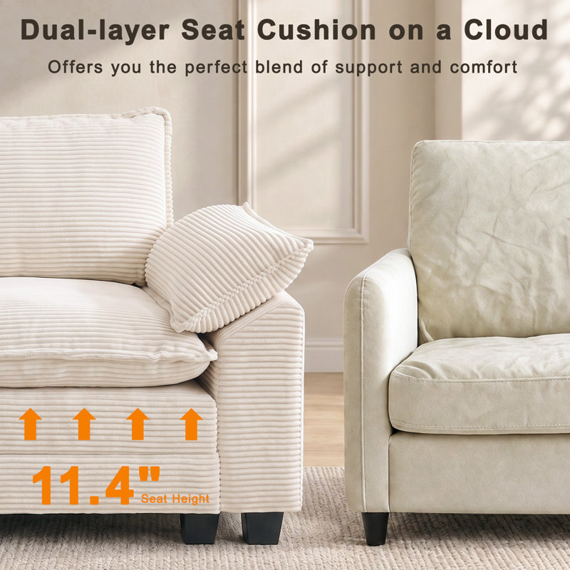 Canapé Cloud en velours côtelé avec accoudoirs extra-larges, 41", Beige