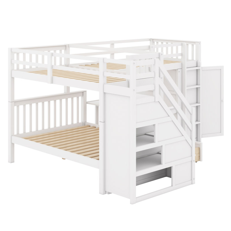 Jamelah Twin-Twin over Full L-Shaped Bunk Bed With 3 Drawers, Portable Desk and Wardrobe, White