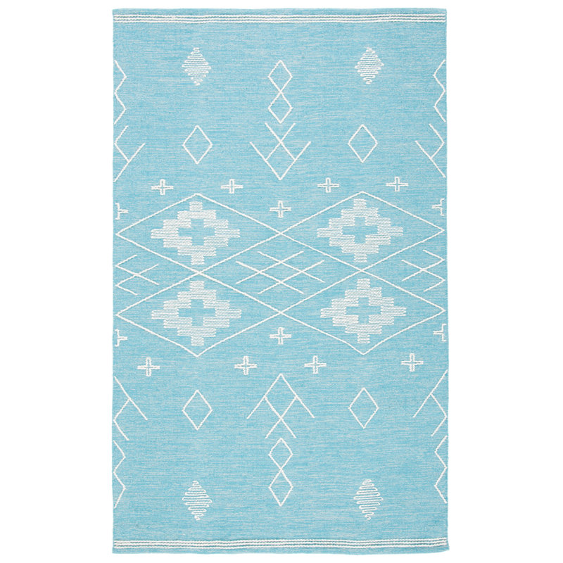 Teal and Ivory Flat Woven Wool Cotton Area Rug 4' x 6'