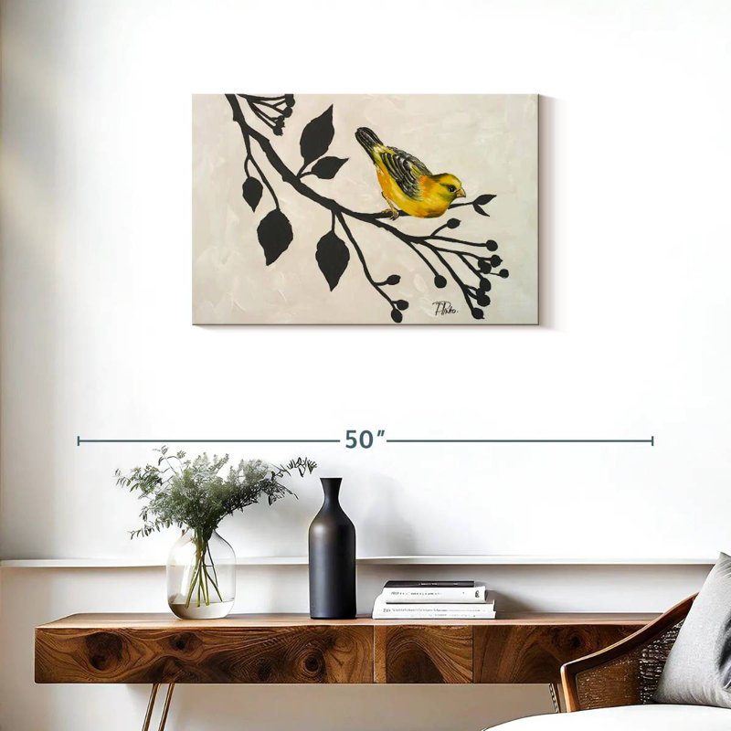 Brampt oiseau jaune sur la branche I, H 20 po x l 30 po