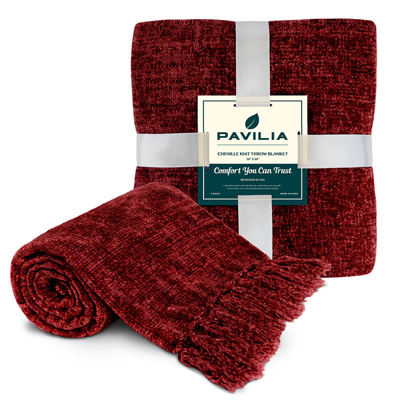 Burgundy Red Chenille Knitted Throw Blanket with Tassel Fringe