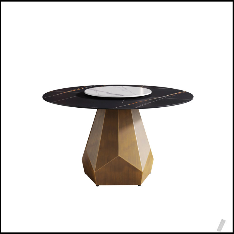 Table de salle à manger 53 po ronde en marbre avec base en métal, marbre artificiel pour 6 personnes, Pierre frittée
