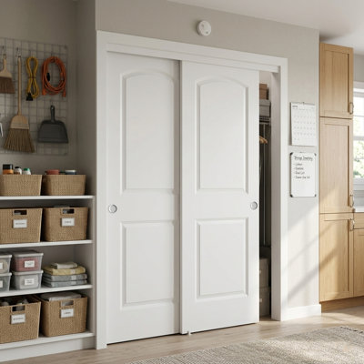 48"X80" 2-Panel Round Top White Primed Moulded Sliding Closet Doors With Installation Hardware Kit