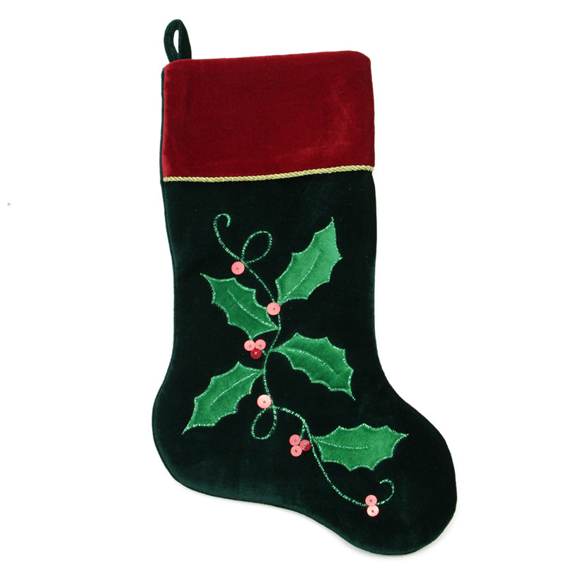 Chaussette de Noël 20 po vert foncé et rouge avec baies de houx