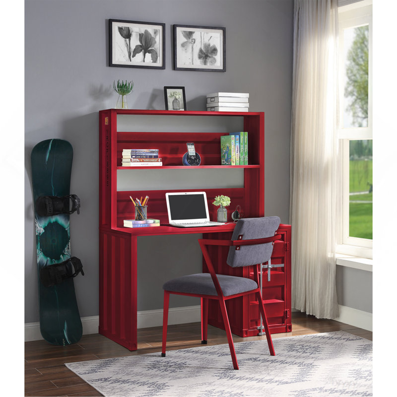Bureau d'écriture rouge à 1 porte avec rehausse