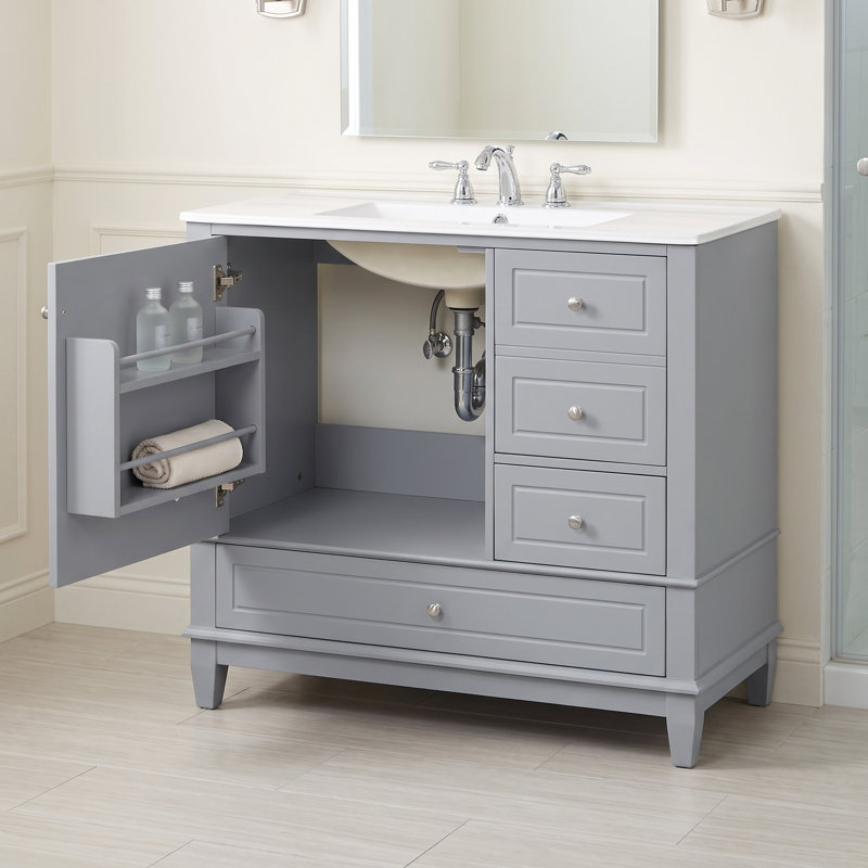 Meuble-lavabo sur pied 36 po en bois massif et panneau de fibres à densité moyenne gris avec lavabo et rangement en céramique