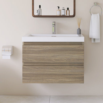 Meuble-lavabo mural simple avec plateau en résine intégré blanc
