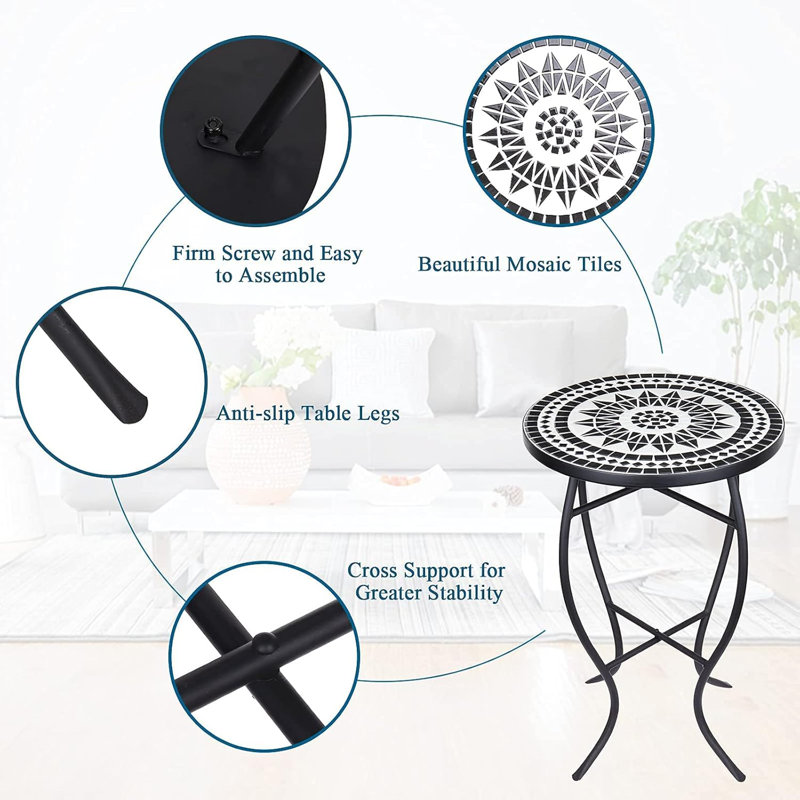 Mosaic Outdoor Side Table With Ceramic Tile Top, Sturdy Metal Frame, Folding Design For Patio, Balcony, Or Indoor Use
