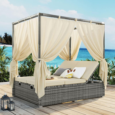 Wicker Bed Daybed with Canopy, Overhead Curtains, Cushions, Lounge Chairs with Adjustable Seats for Backyard, Garden, Poolside, High Comfort, Beige