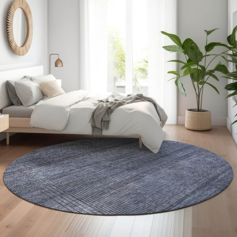 Premium Machine Washable Prisco Navy Rug, Round 8'