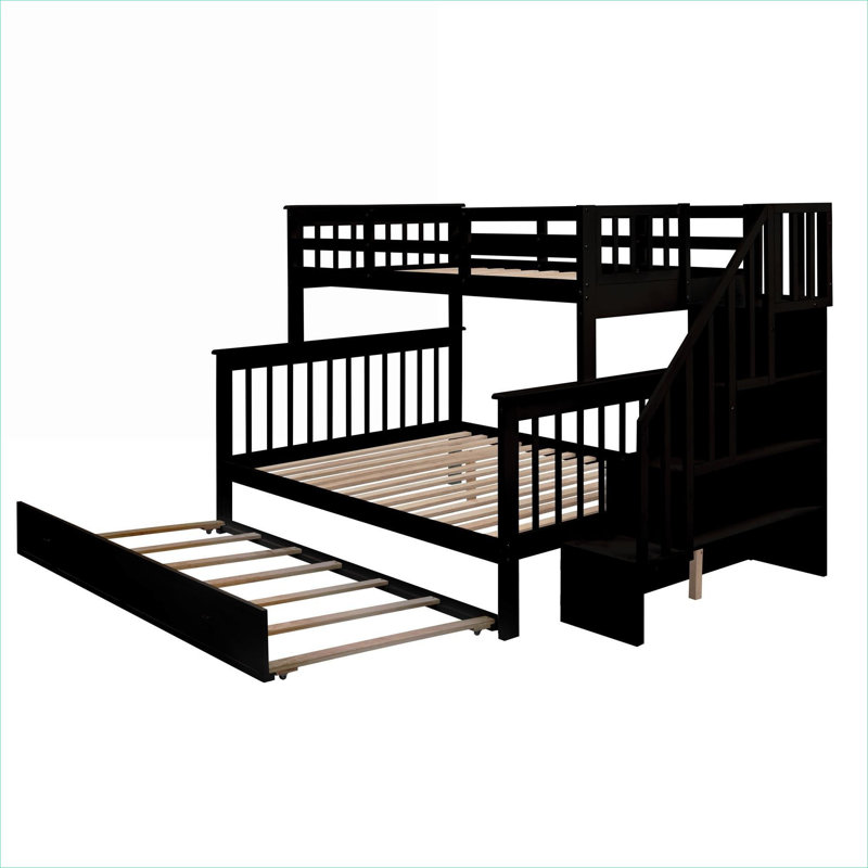 Lit superposé simple au-dessus de double en bois massif avec lit gigogne simple, rangement intégré et barrière de sécurité, ton brun