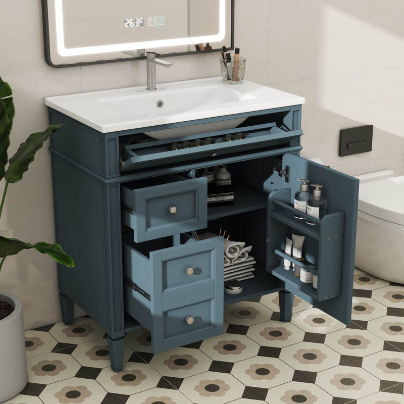 Meuble-lavabo innovant de 30 po avec lavabo, 2 tiroirs, une armoire et un tiroir basculant, Bleu / Argent
