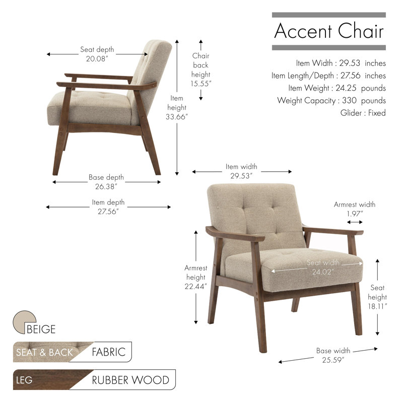 Keltie Fabric Accent Chair with Wooden Frame, Beige Polyester Blend