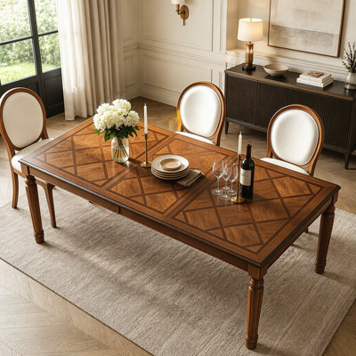 Traditional Rectangular Dining Table with Framed Wood Top and Turned Legs for Dining Room & Kitchen