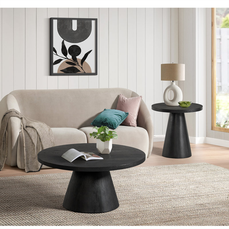 Black Round Wood Pedestal End Table, 22"