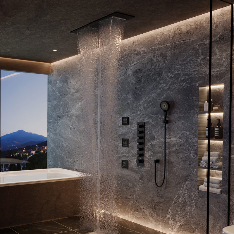 Système de douche thermostatique Bluetooth Rodeo 35 po x 12 po avec douchette à 3 fonctions et 3 jets corporels, Noir mat