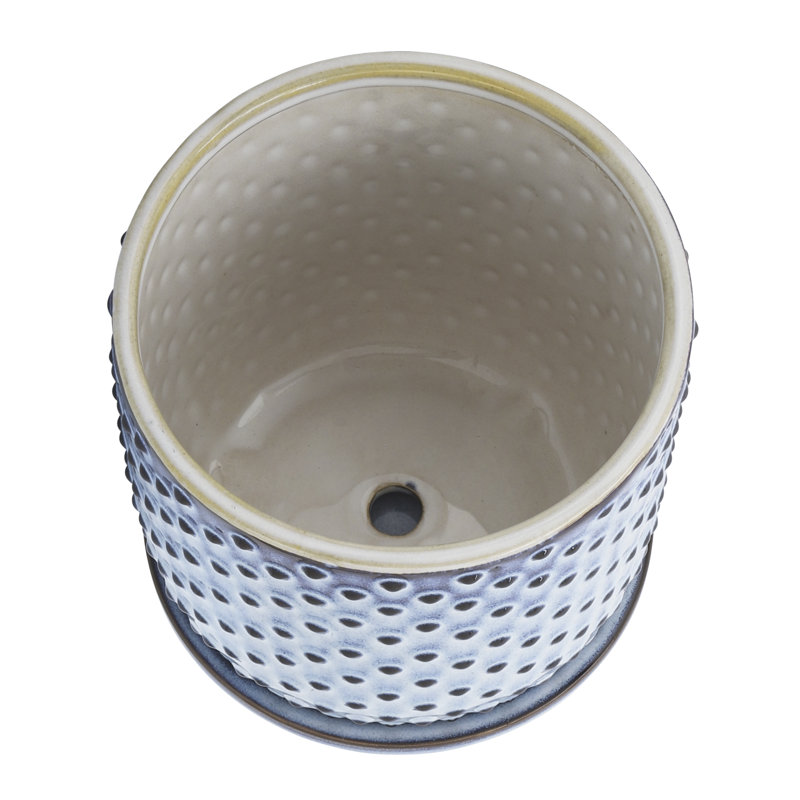 Modern Textured Ceramic Planter with Saucer, Dot Blue, 1
