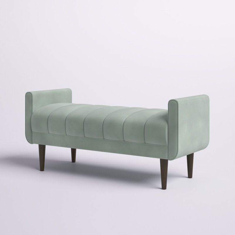 Pistachio Green Velvet Upholstered Channel Bench with Dark Wood Legs