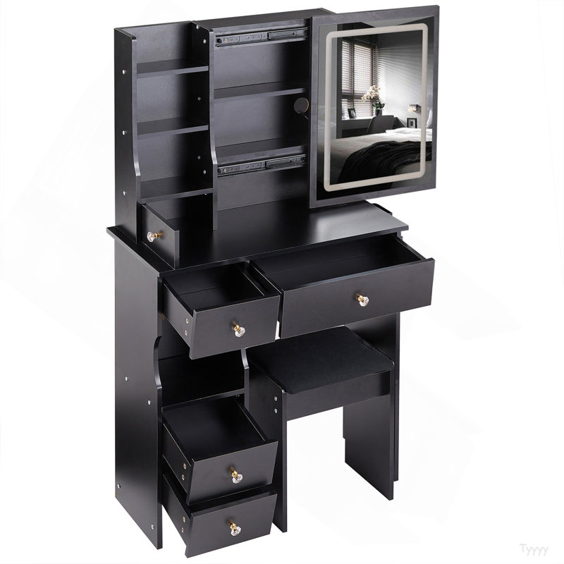 29.2" Small Size Left Drawer Desktop Vanity Table + Cushioned Stool, 2 AC+2 USB Power Station, Hair Dryer Bracket, Extra Large Touch Control Sliding LED Mirror, Tri-Color Switching, Brightness Adjust